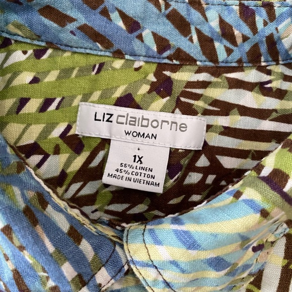 Liz Claiborne Shirt 1X Green Brown Tropical Palm Tree Leaf Hawaii Button - Picture 7 of 12